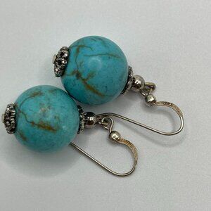 Turquoise & Sterling Silver Drop Dangle Earrings Ornate 925 Stamped‎